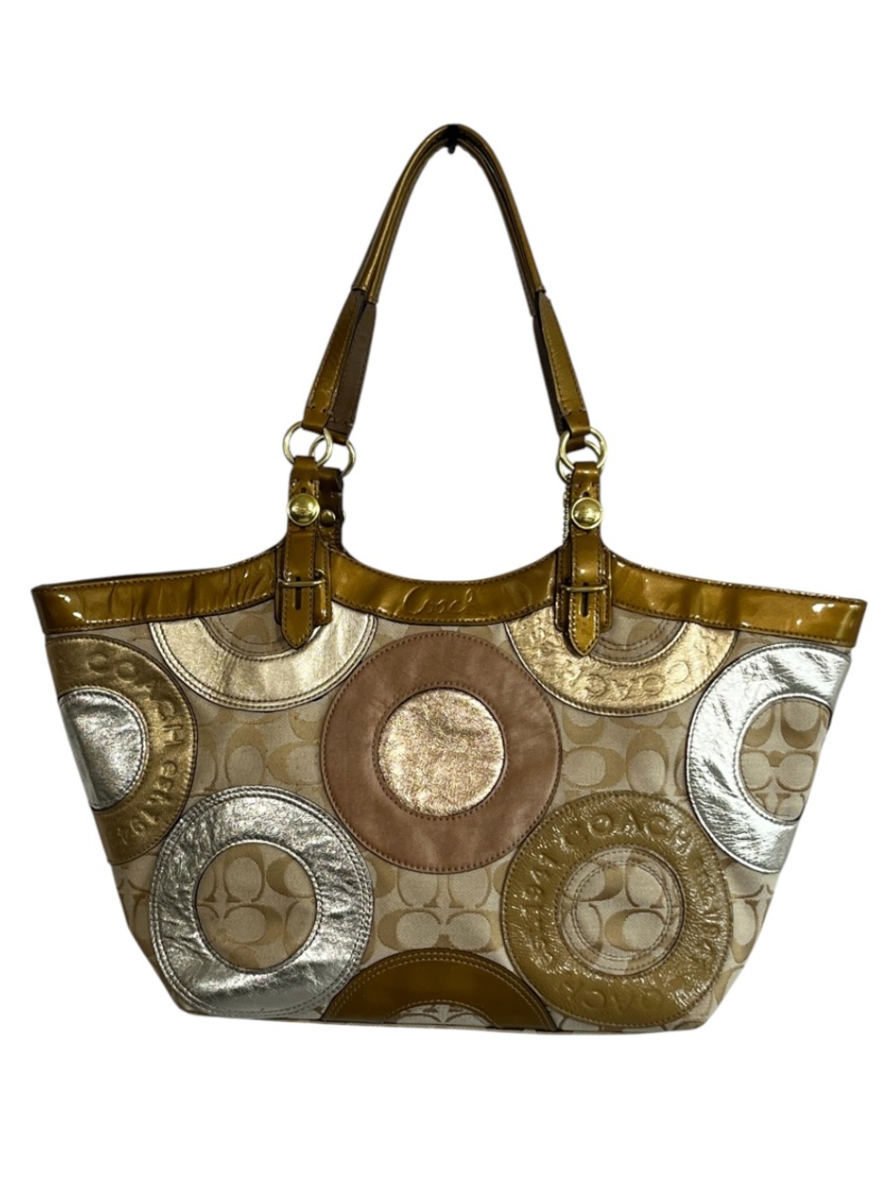 COACH Carly F16180 Patchwork Tote in Tan and Metallics